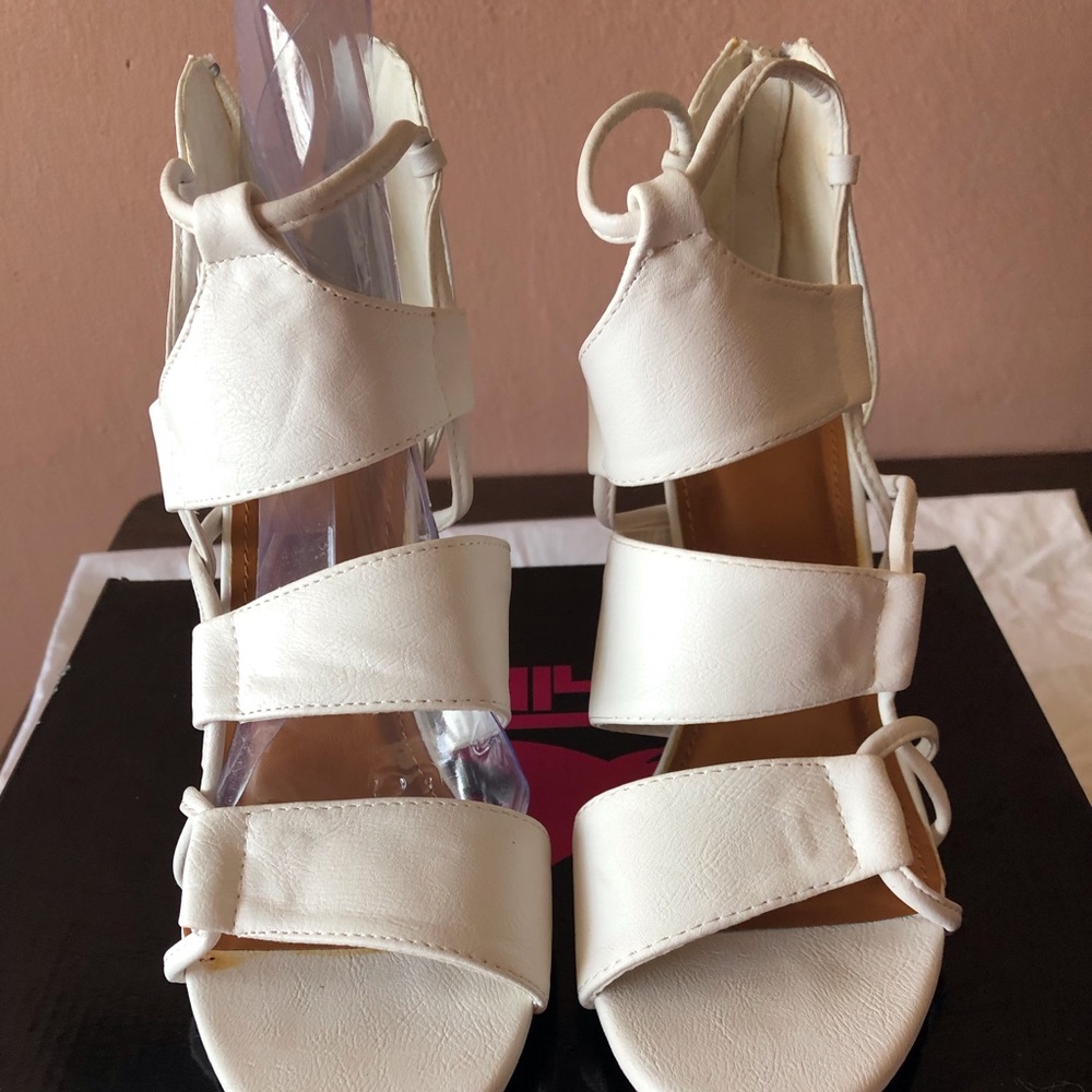 White leather Open Toe Heels with zipper back.
